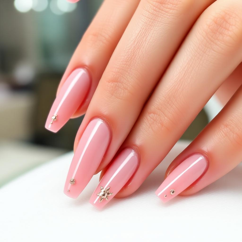 Soft pink gel manicure with rose gold detailing