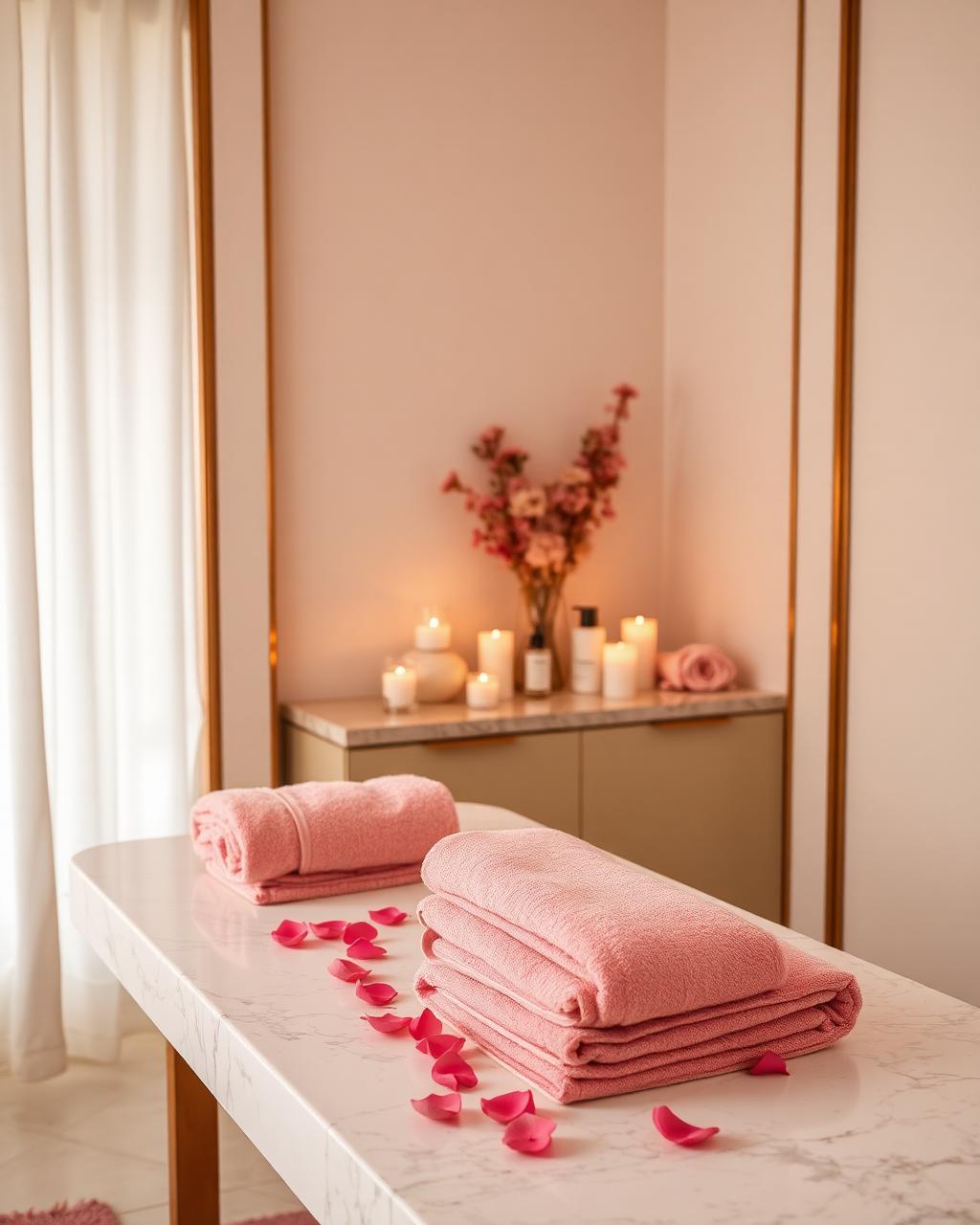 Spa treatment room with blush towels and candles