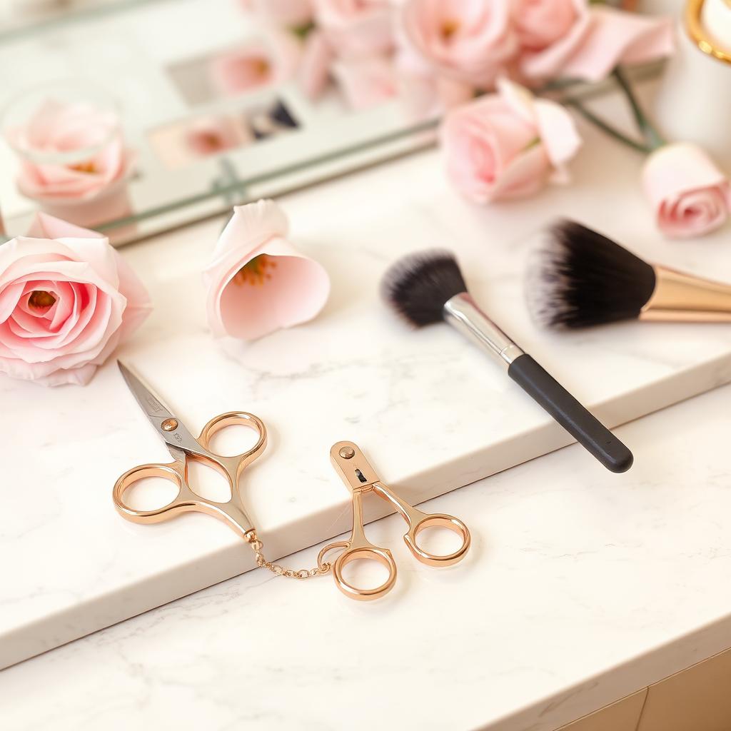 Rose gold styling tools on a marble counter