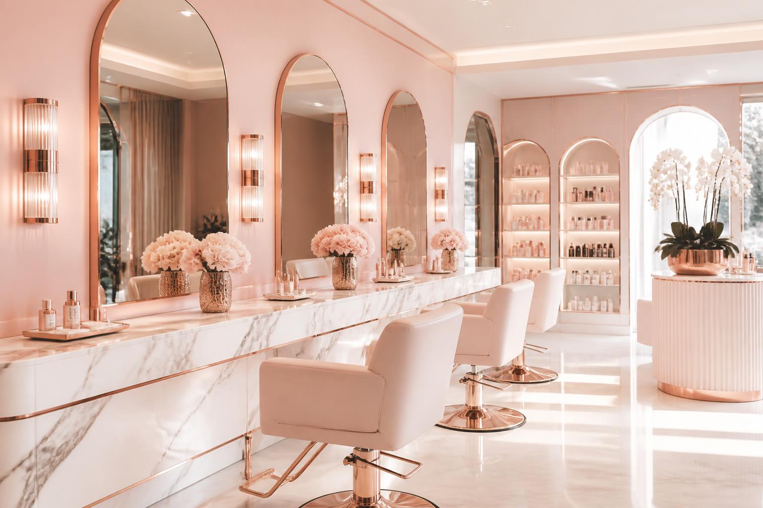 Interior of Rosé Atelier with blush pink walls, marble vanity and rose gold mirrors